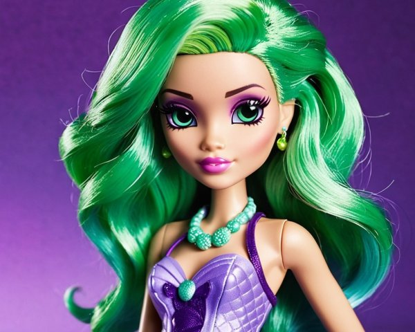 Stylized doll with green hair and purple eyes