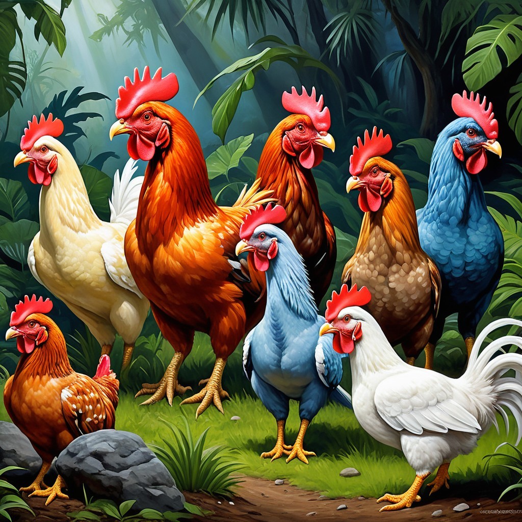 Colorful Chickens in a Lush Jungle Setting