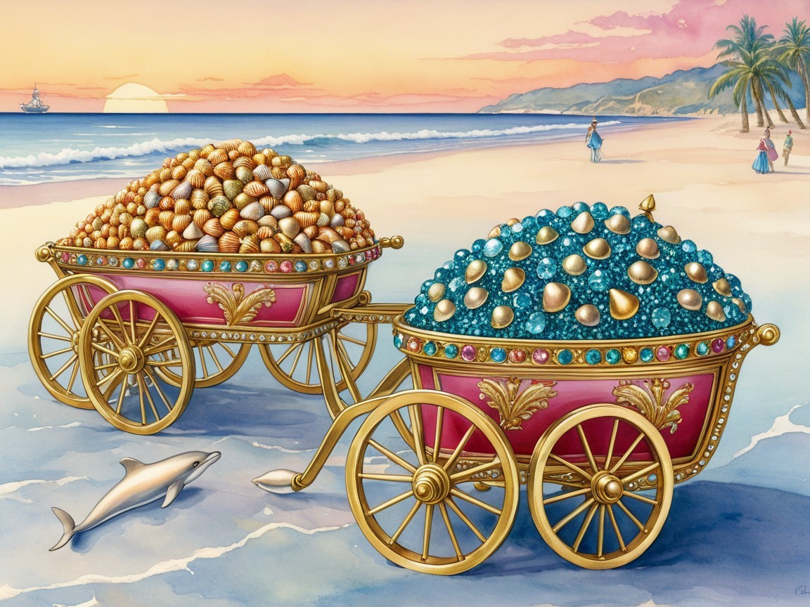 Ornate Carts with Eggs and Gems on a Beach at Sunset
