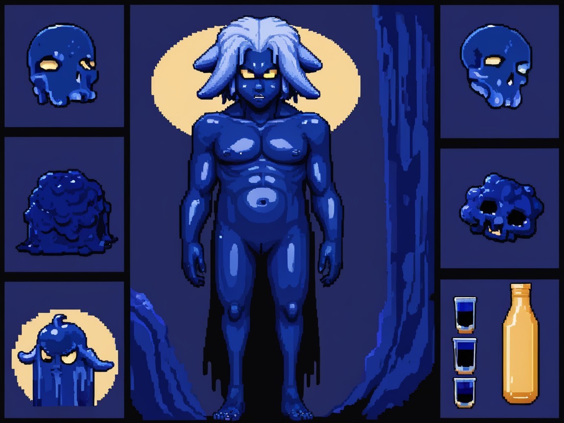 Anatomical Blue Figure in Retro Pixel Art Setting