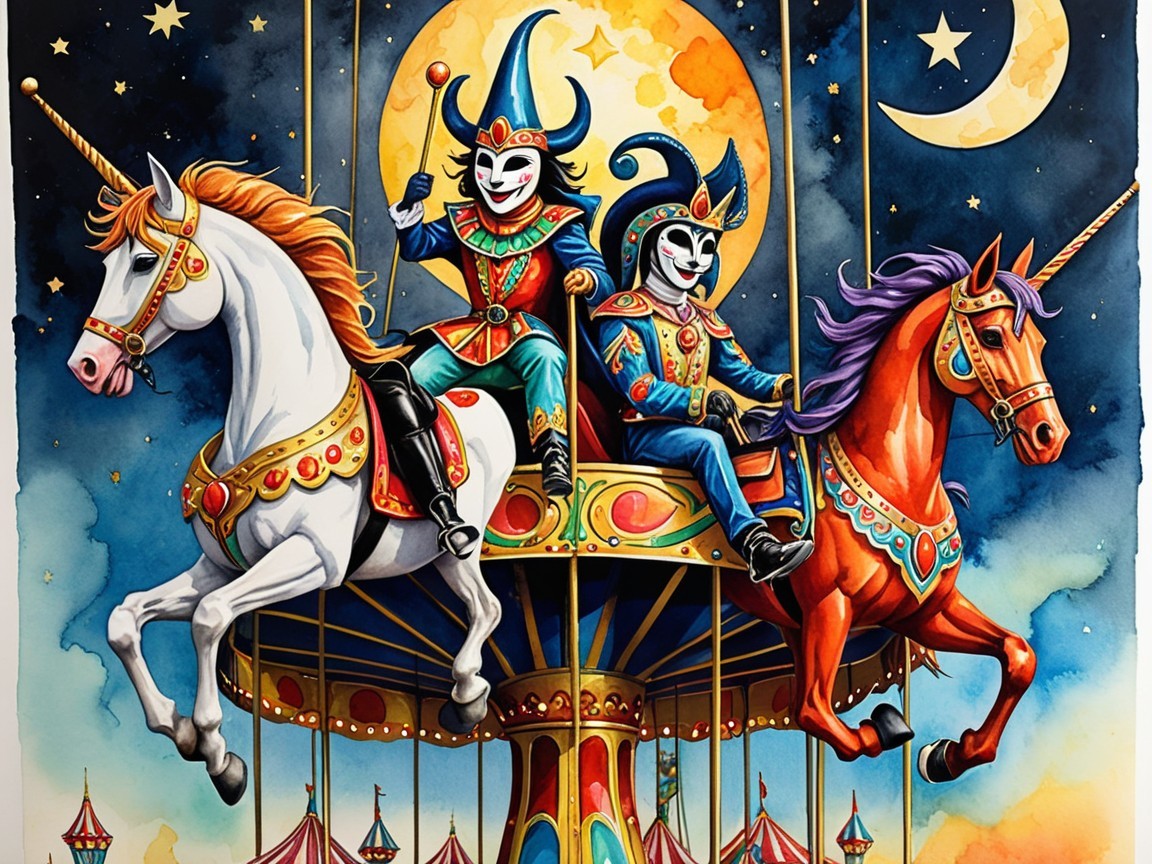 Vibrant carnival scene with whimsical figures on unicorns