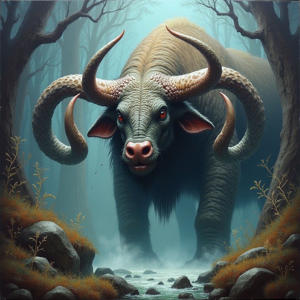 Imposing Creature in Misty Forest with Spiraled Horns