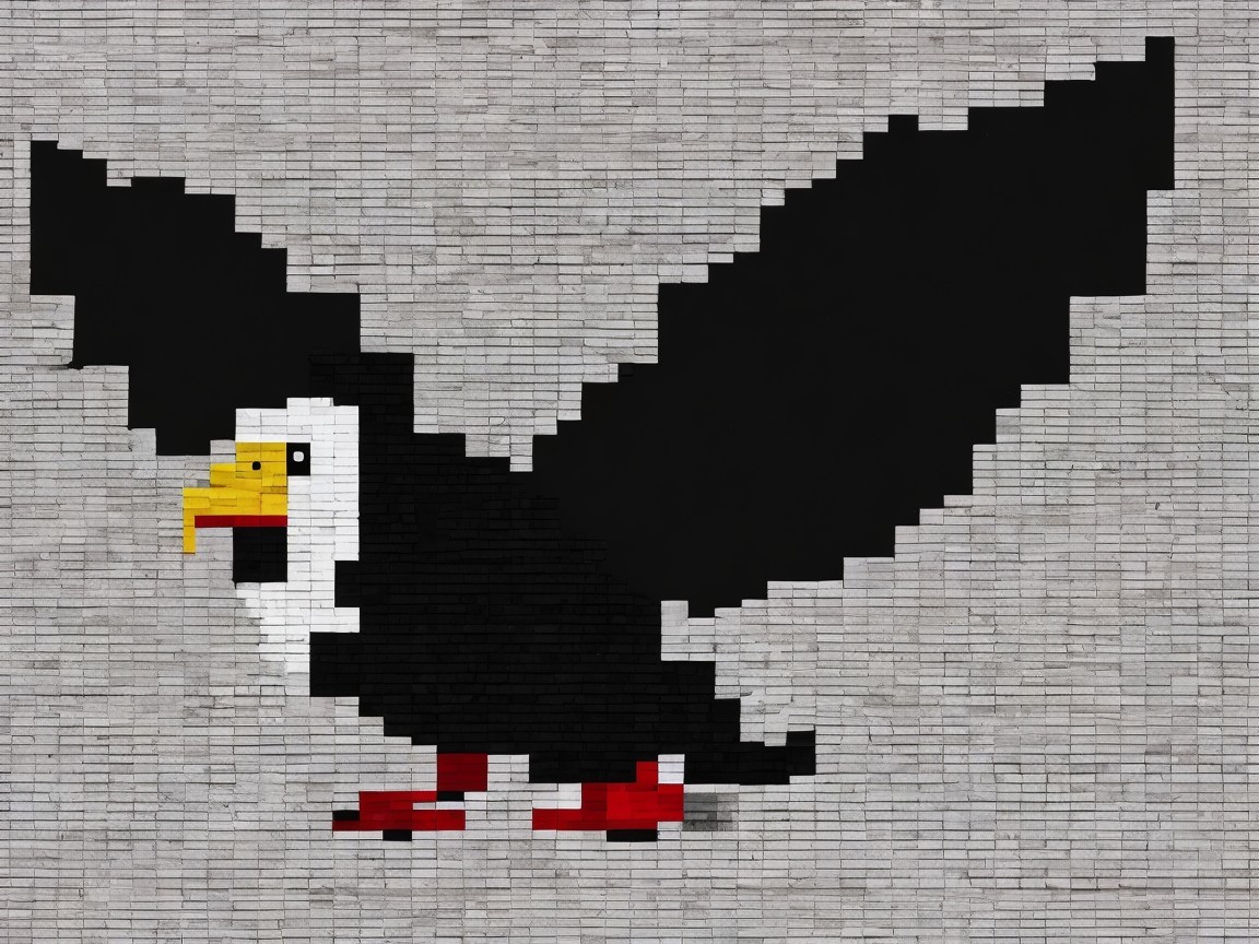 Pixelated mural of an eagle on a gray brick wall