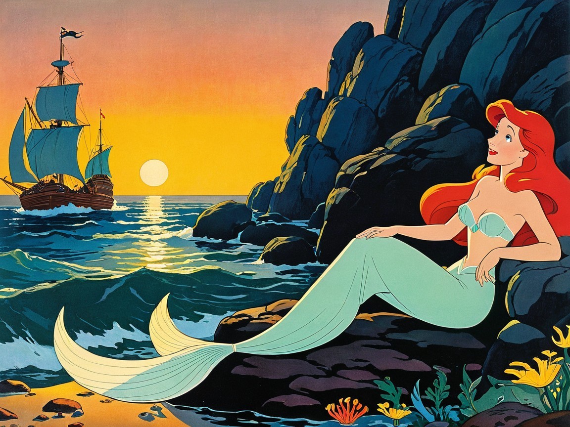 Mermaid by the Sea at Sunset with Vibrant Colors