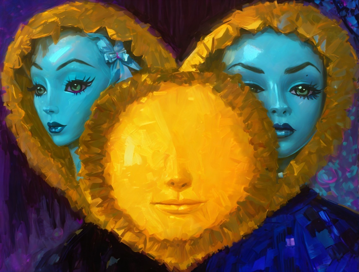 Stylized Blue-Faced Figures in Heart Formation Artwork