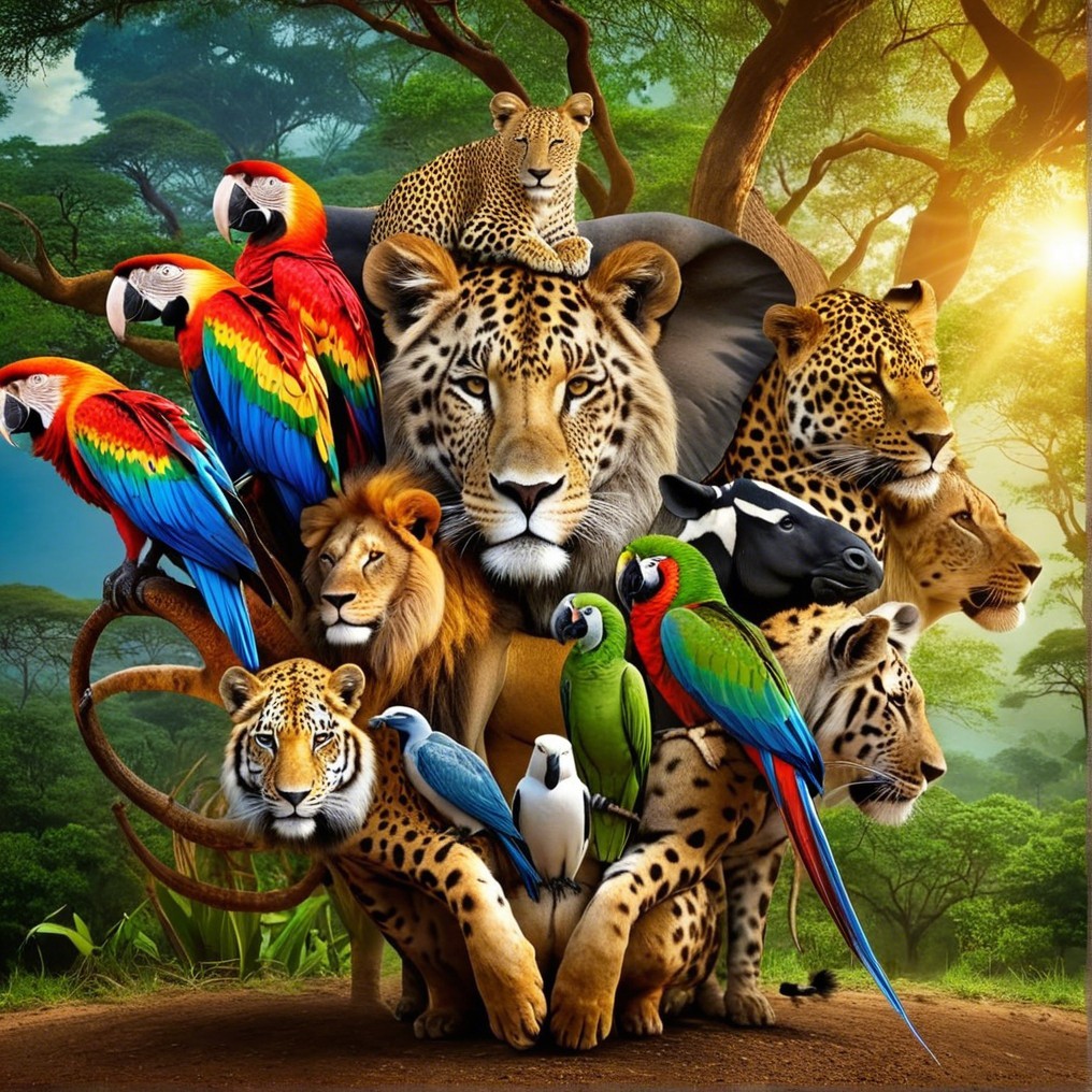 Wildlife Collage Featuring Tigers, Lions, and Birds