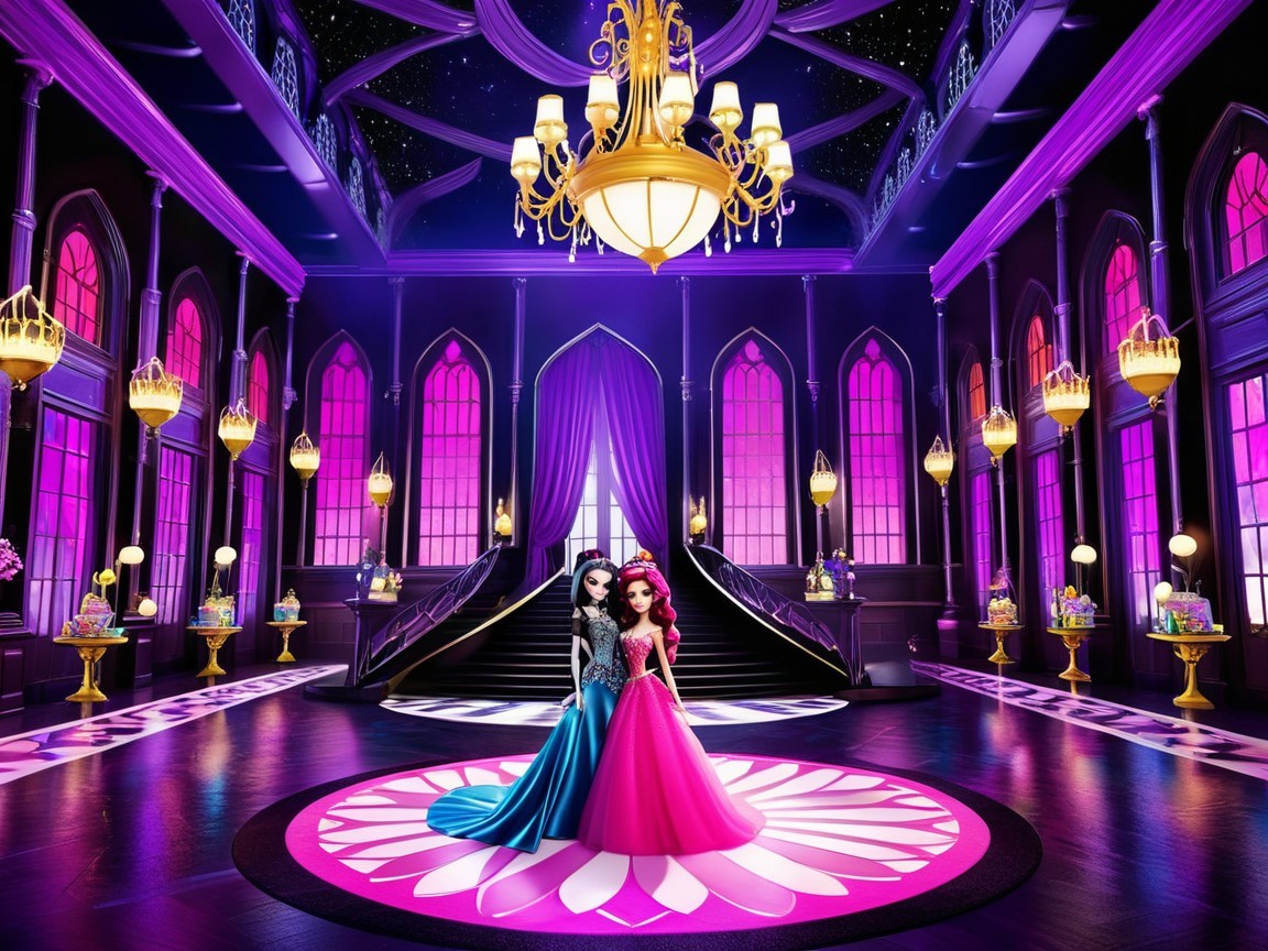 Elegant Ballroom with Animated Princesses and Chandeliers