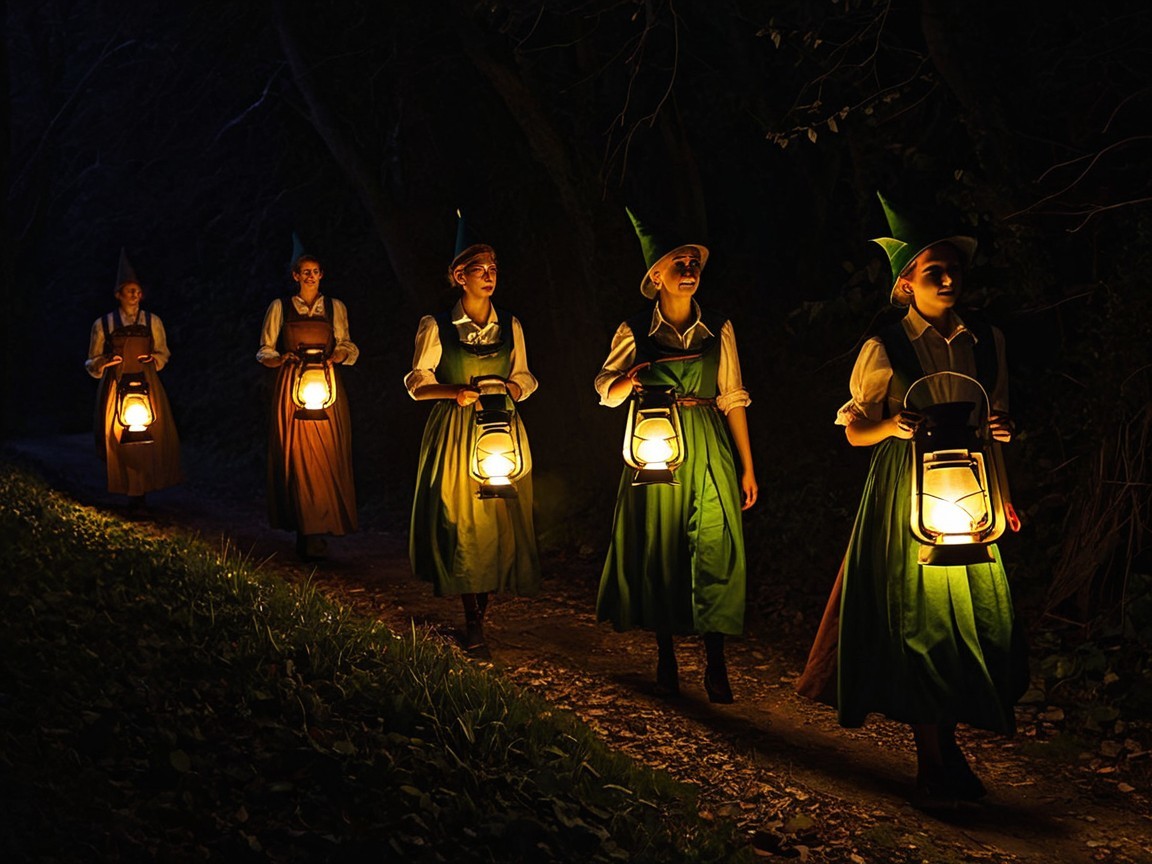 Women in Green Frocks Walking with Lanterns in Forest