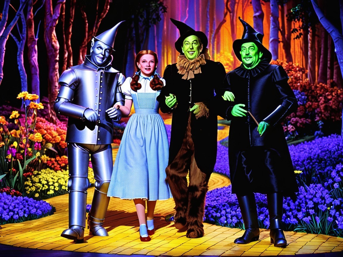Classic Film Scene with Iconic Characters on Yellow Brick Road