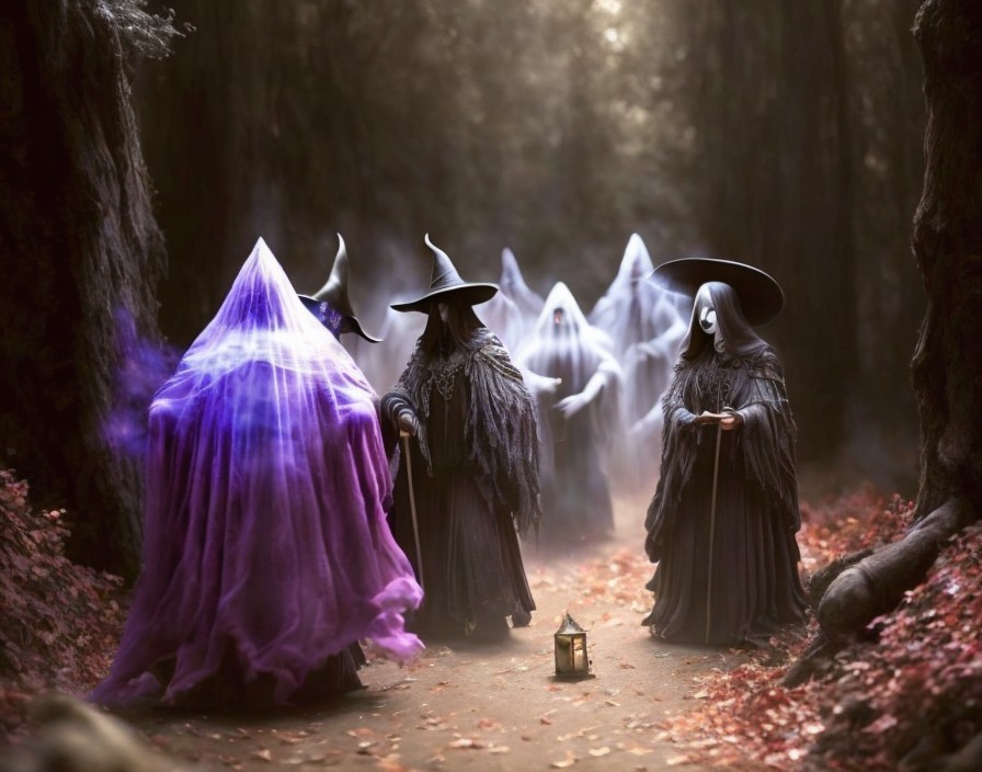 Ethereal Figures in a Misty Enchanted Forest