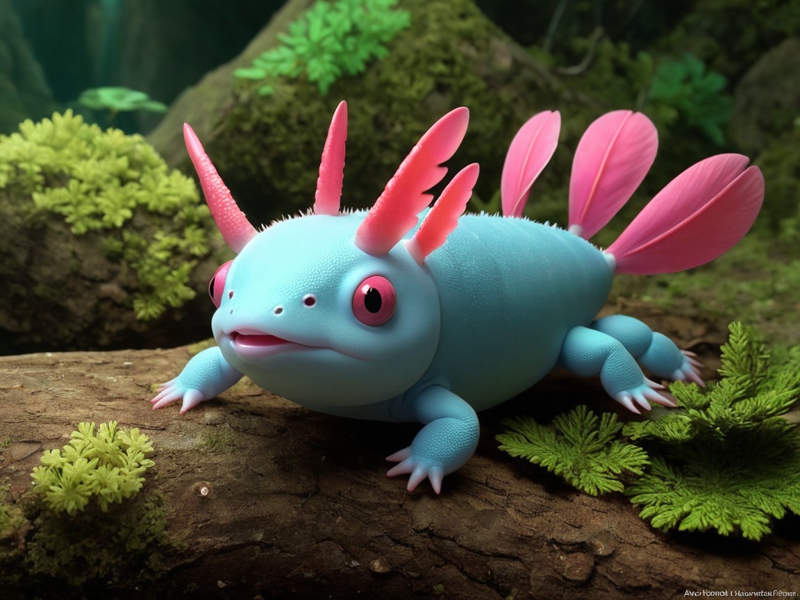 Colorful Cartoonish Axolotl on Log in Green Ferns