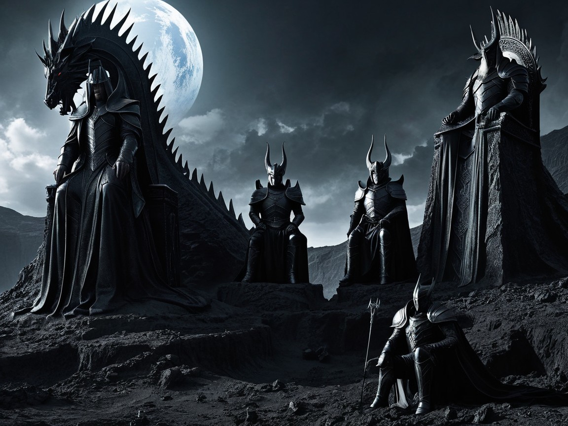 Four Armored Figures in Dark Landscape with Thrones