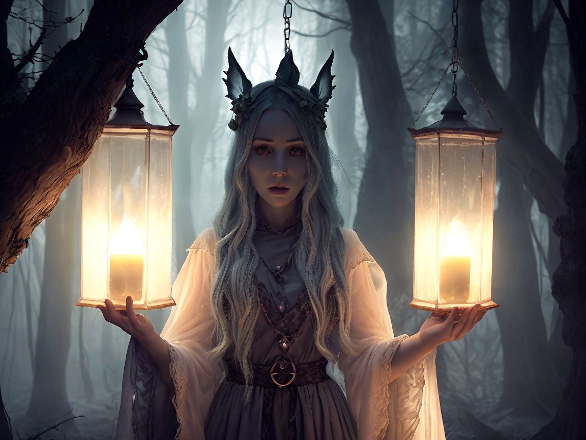 Mysterious Figure in Misty Forest with Glowing Lanterns
