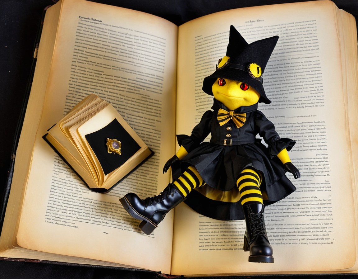 Whimsical Yellow Frog Doll in Witch Outfit on Vintage Book