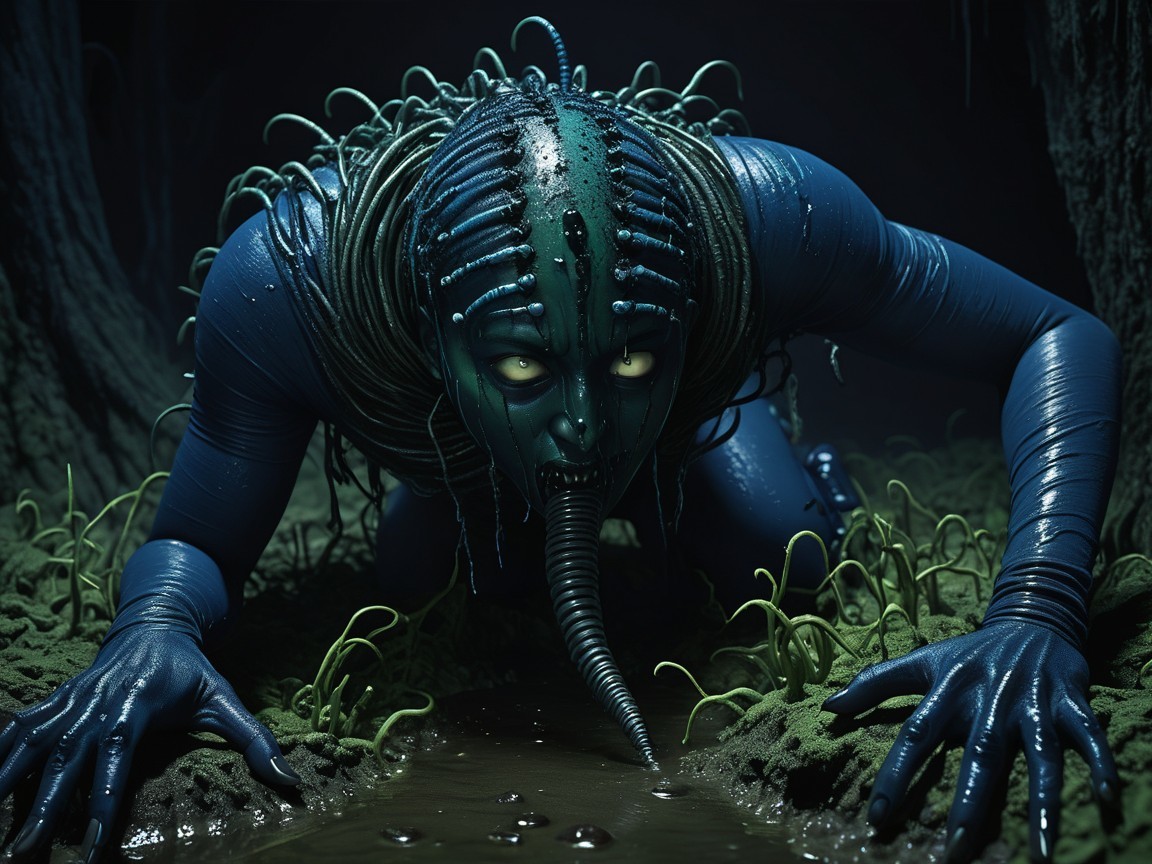 Surreal Creature with Bluish Skin in Dark Environment