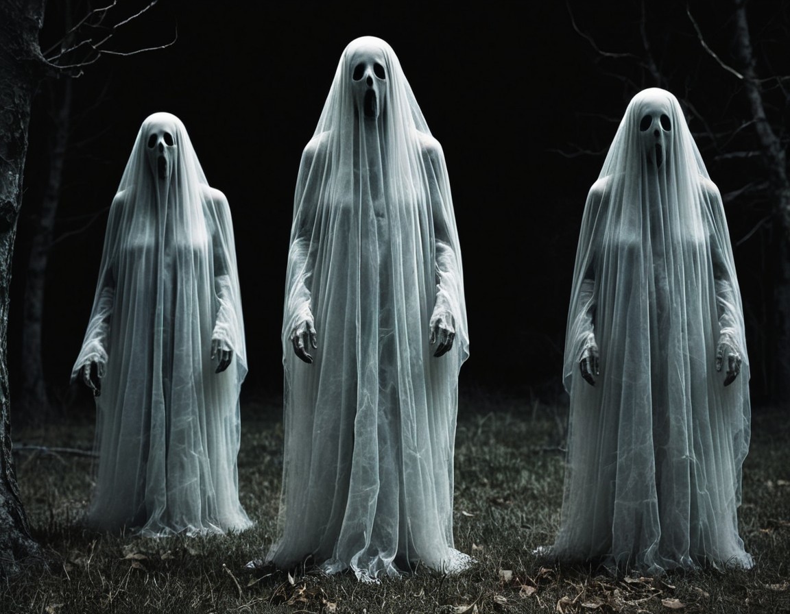 Ghostly Figures in a Dark Forest Setting