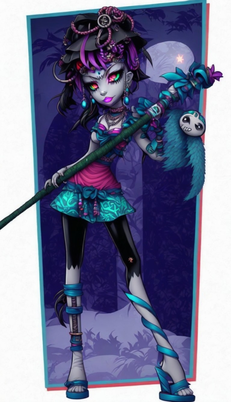 Stylized Character with Purple Hair in Mystical Forest