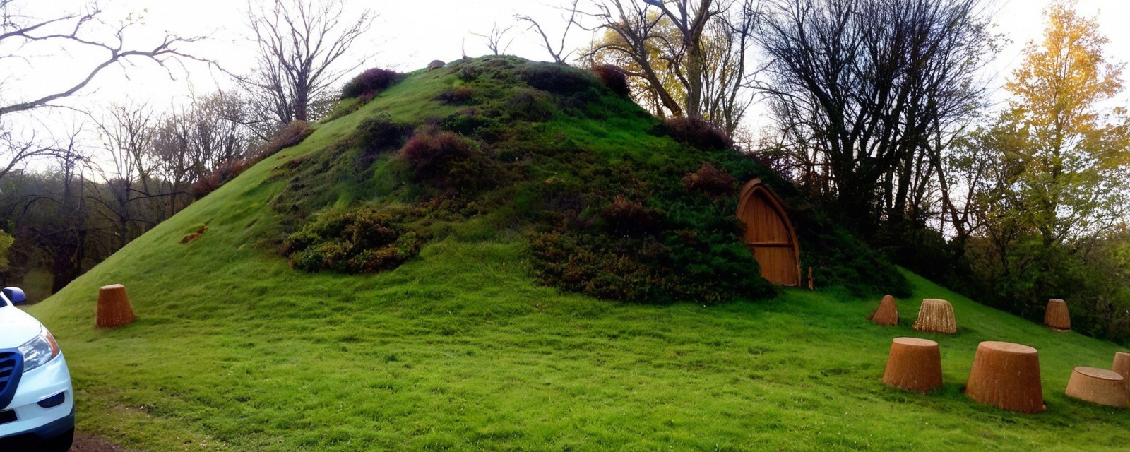 Lush Green Hill with Purple Heather and Hidden Door