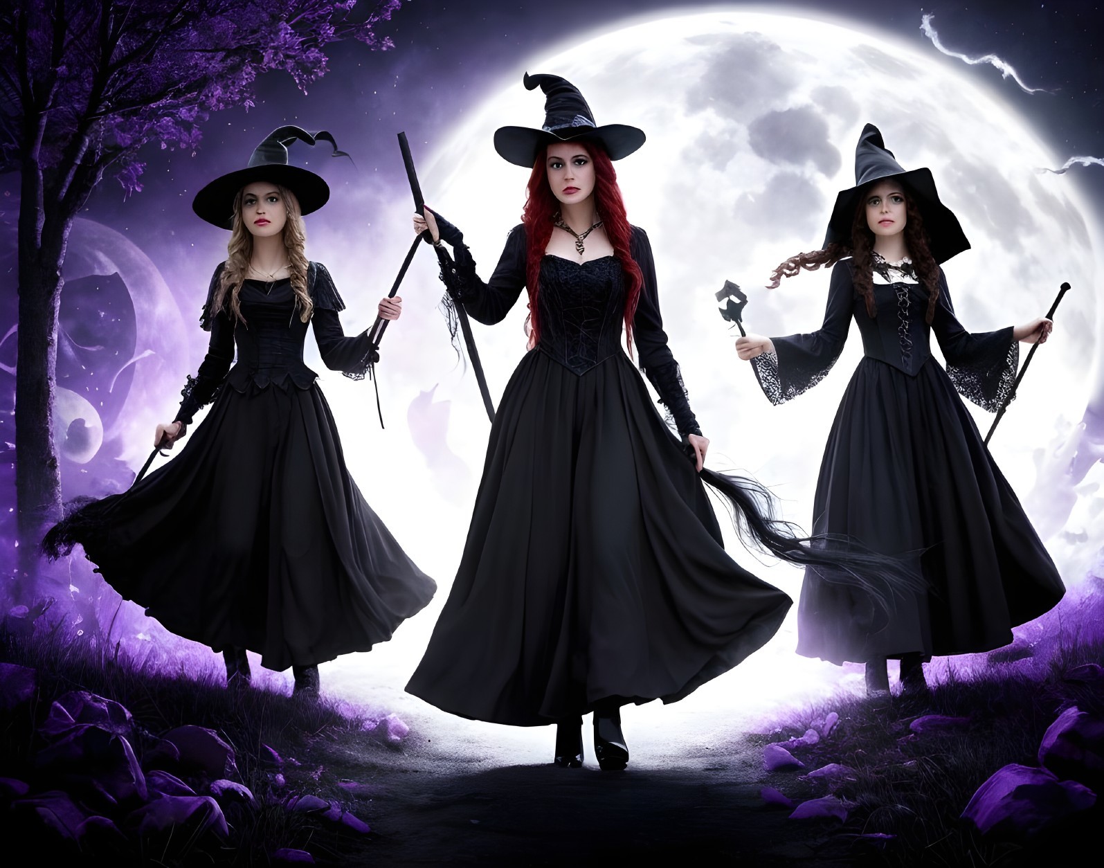Witches in Black Gowns Under Full Moon Glow