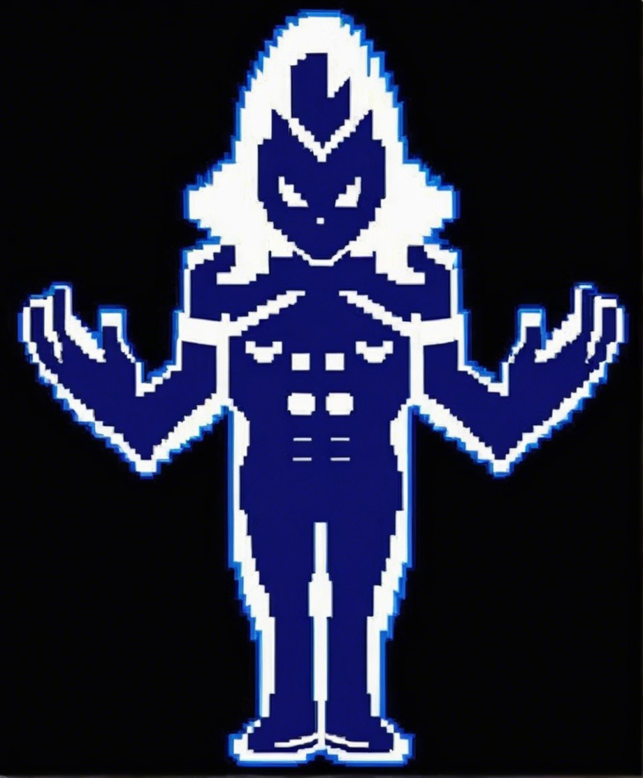 Stylized Character Design with Blue Silhouette and Fierce Expression