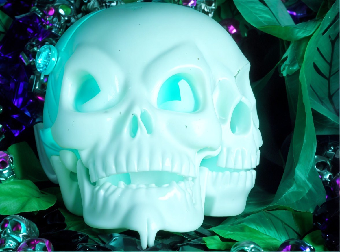 Translucent glowing skulls with vibrant decorations