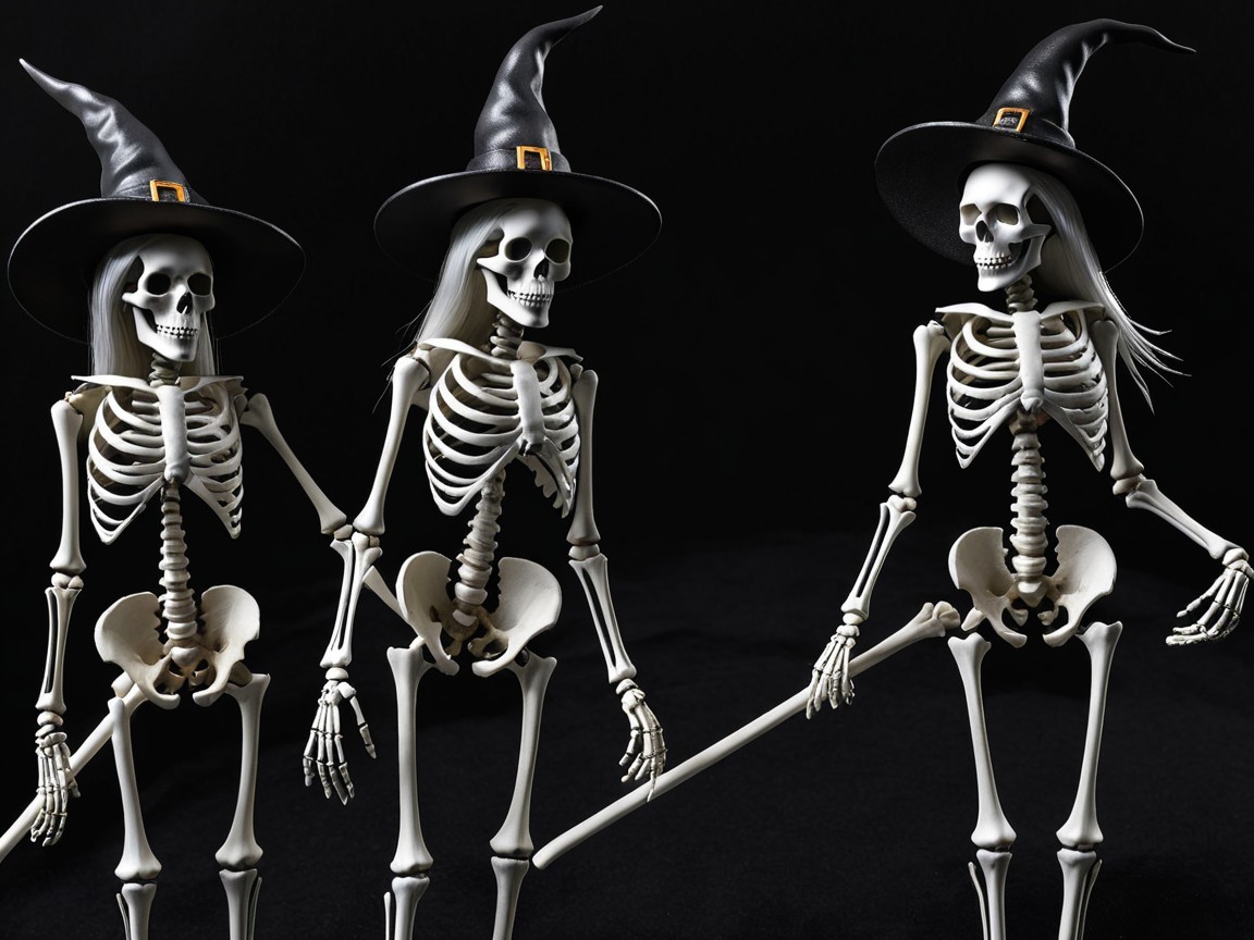 Whimsical Skeletons in Witch Hats for Halloween Scene