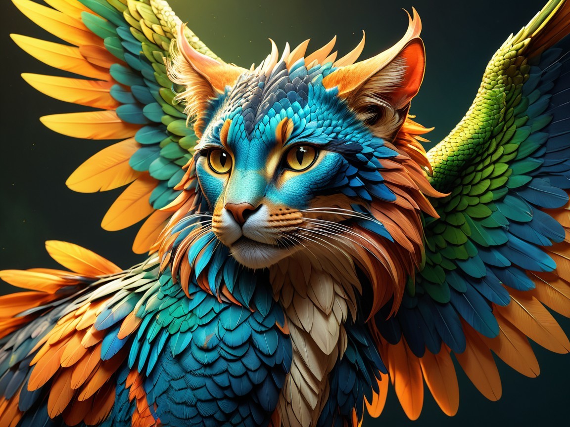 Mythical Feline Creature with Colorful Wings