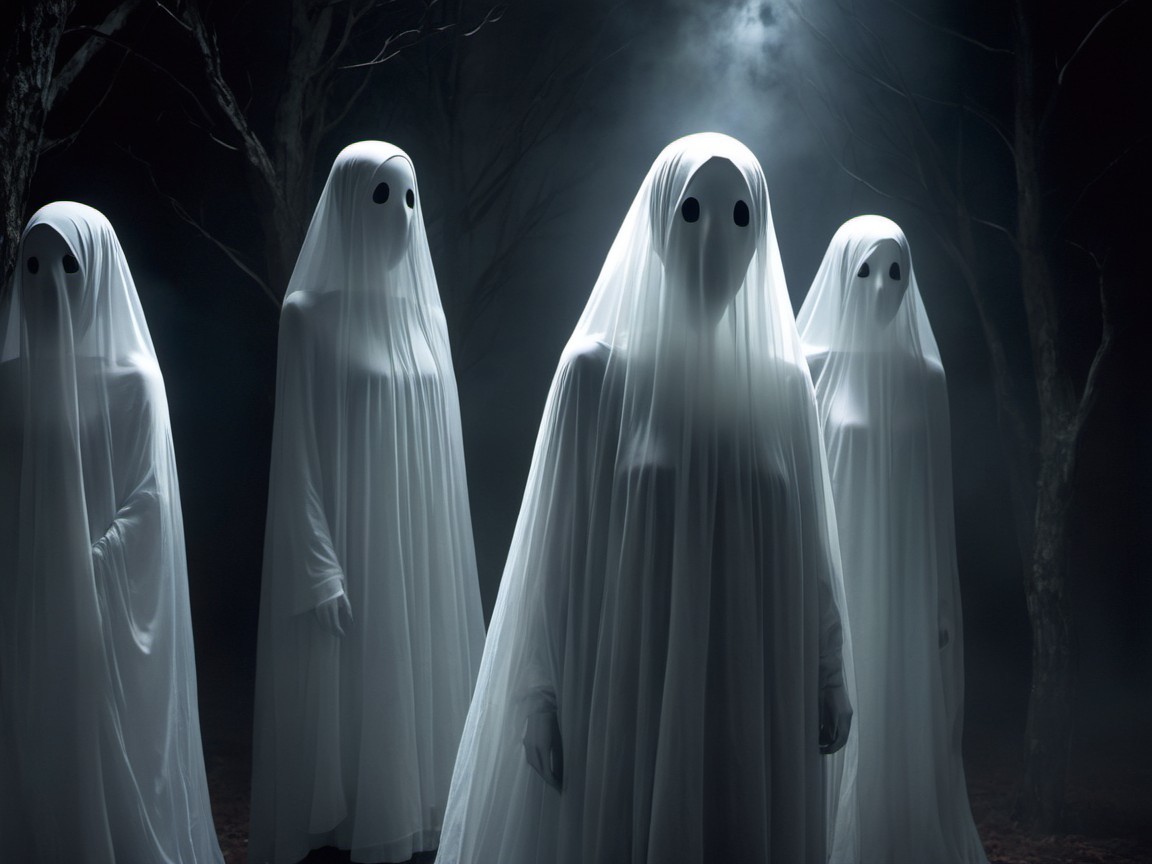 Ethereal Figures in a Dimly Lit Forest Setting
