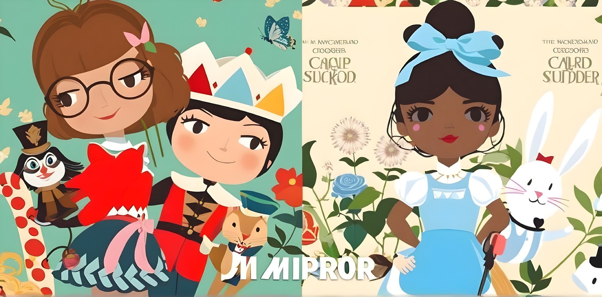 Whimsical Characters with Bunnies in Colorful Setting
