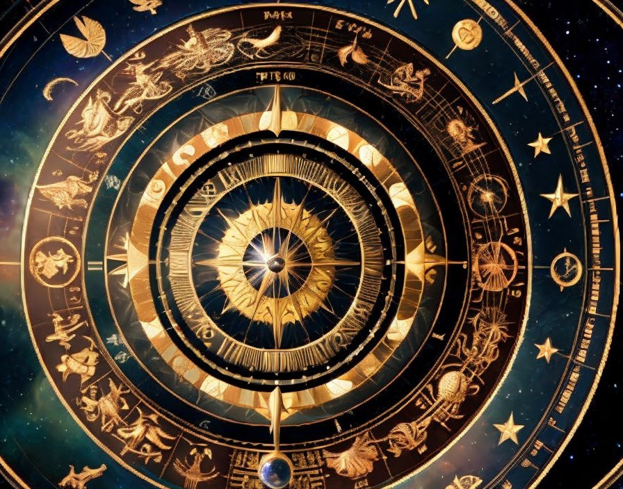 Astrological Chart with Zodiac Signs and Cosmic Symbols