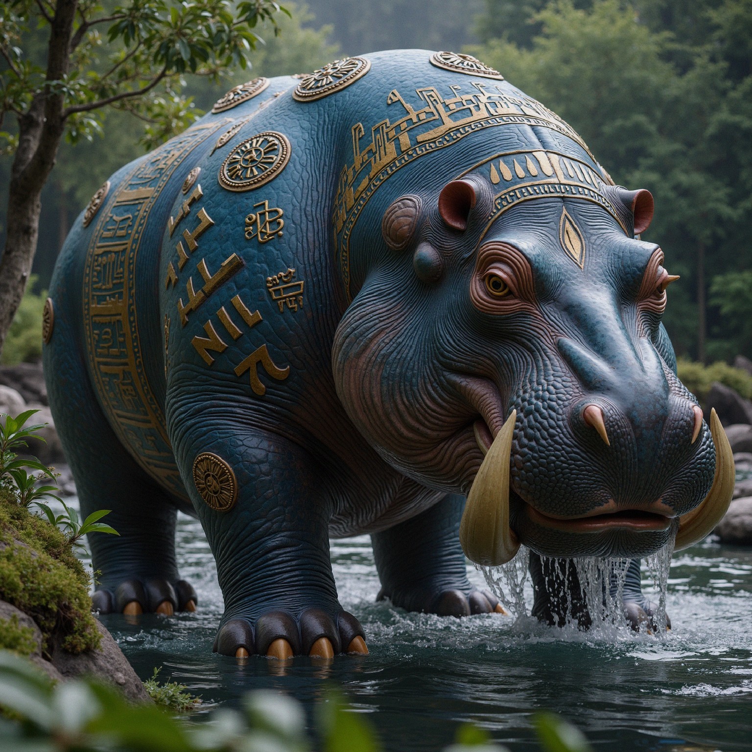 Vividly Colored Hippopotamus in Serene River Setting
