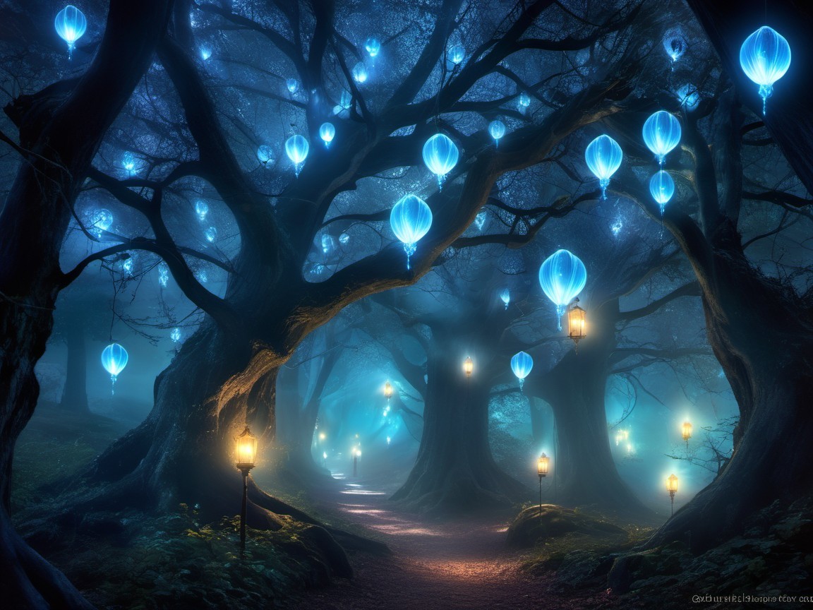 Mystical forest with fog, ancient trees, and glowing orbs