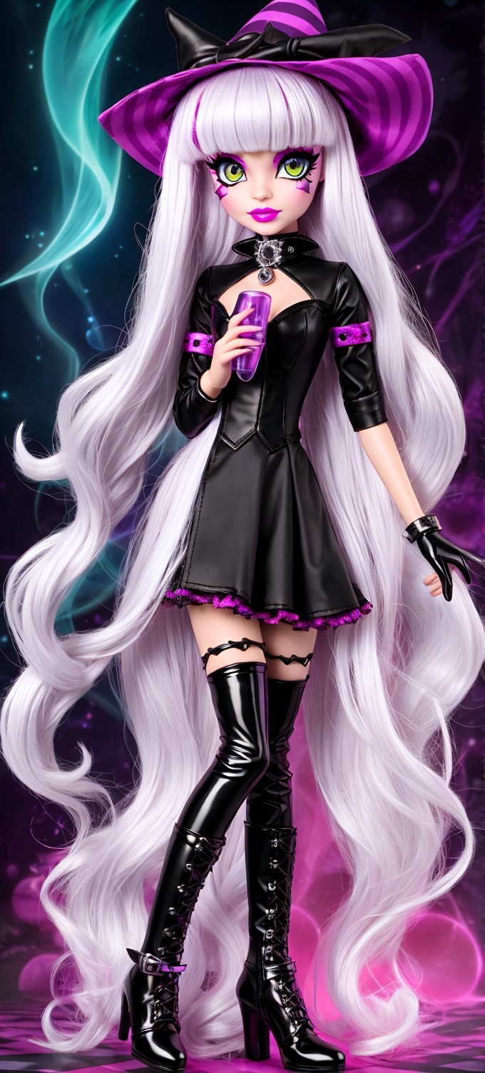 Stylish doll with silver hair and witch attire
