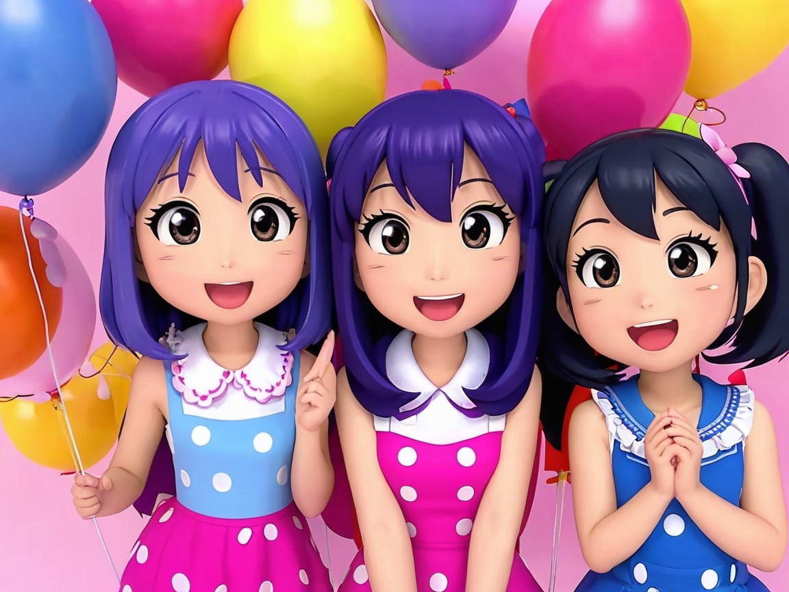 Cheerful animated girls with colorful balloons and dresses