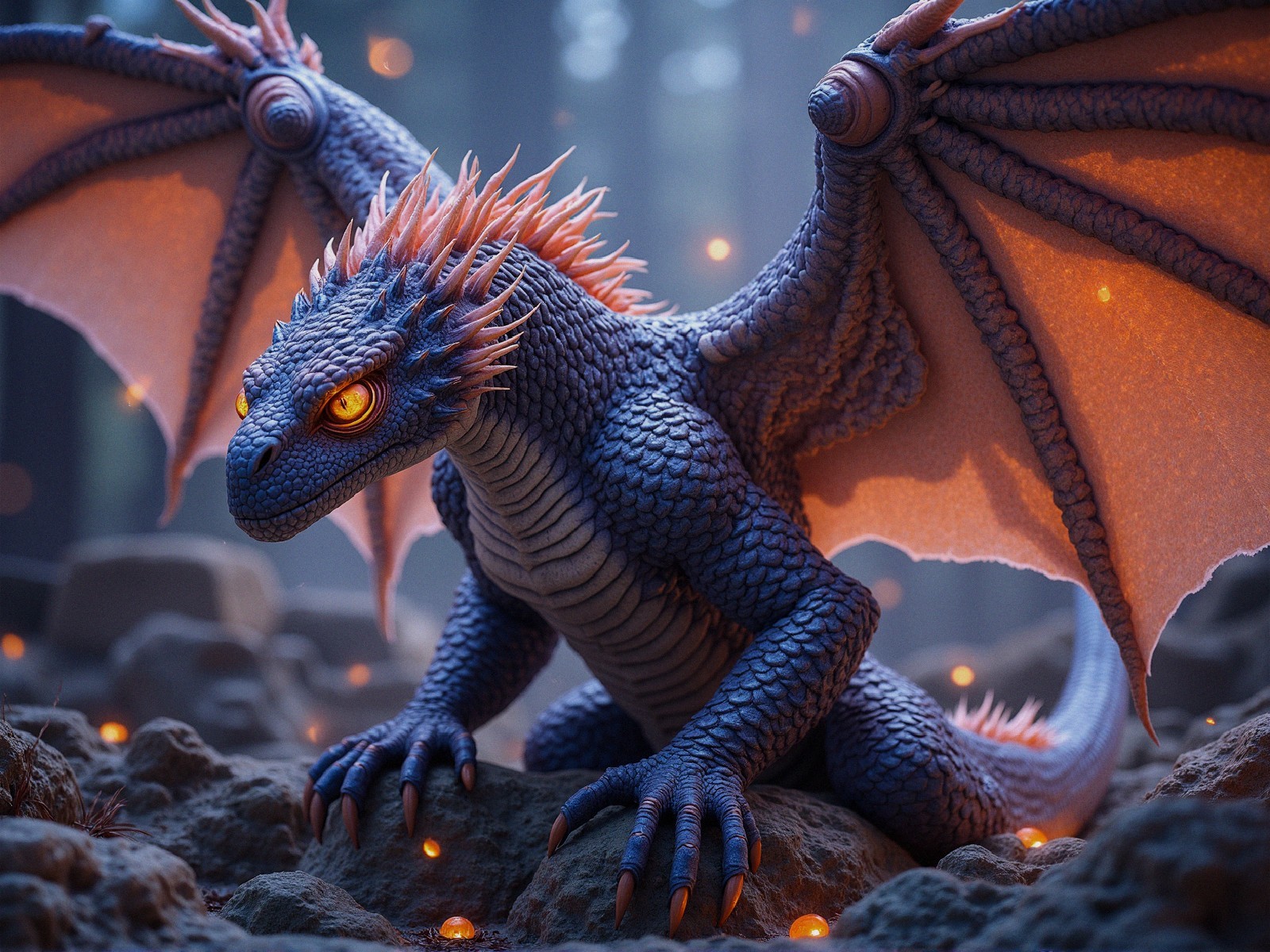 Majestic blue dragon in a mystical forest setting