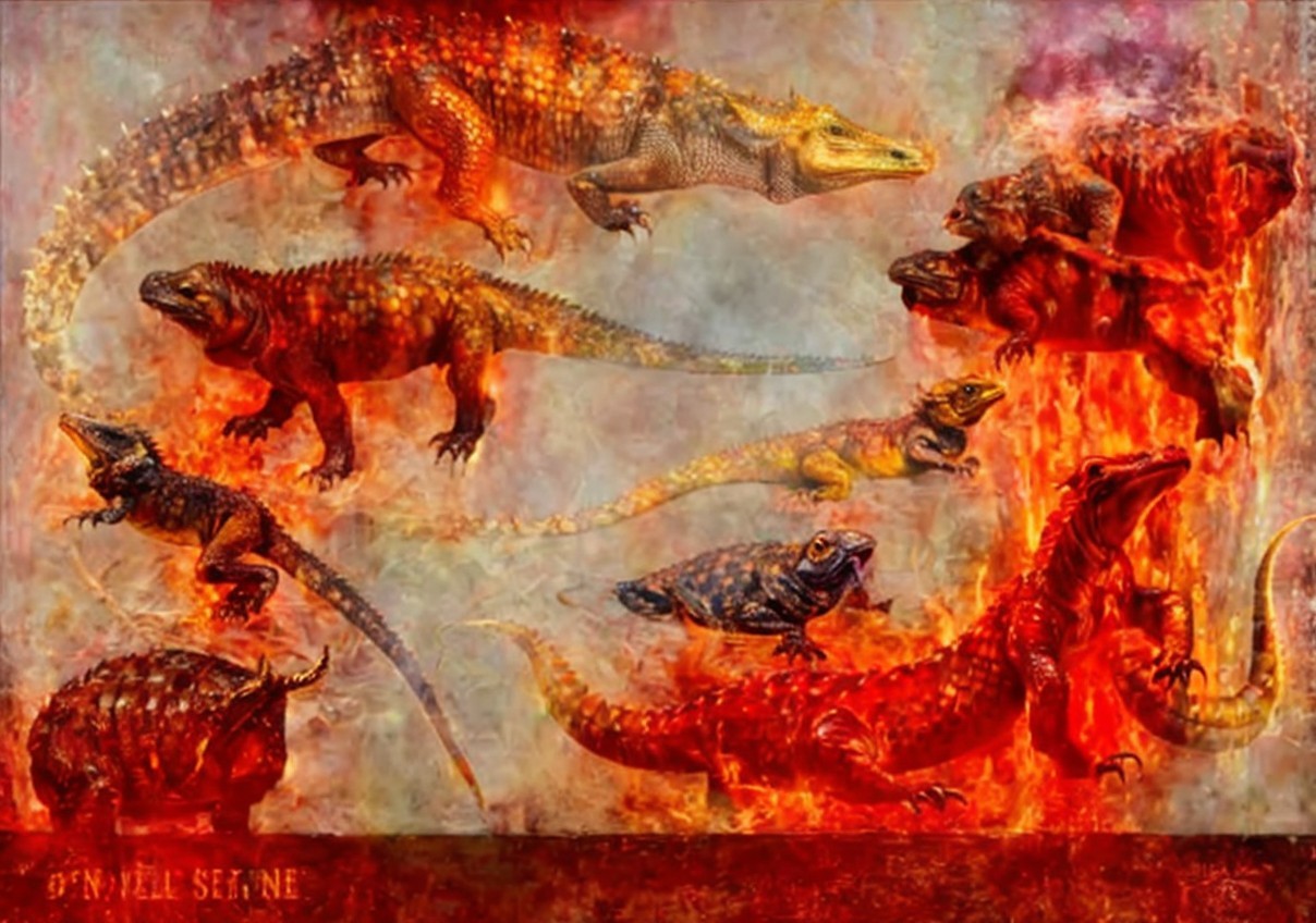 Lizard-like Creatures in Fiery Volcanic Landscape
