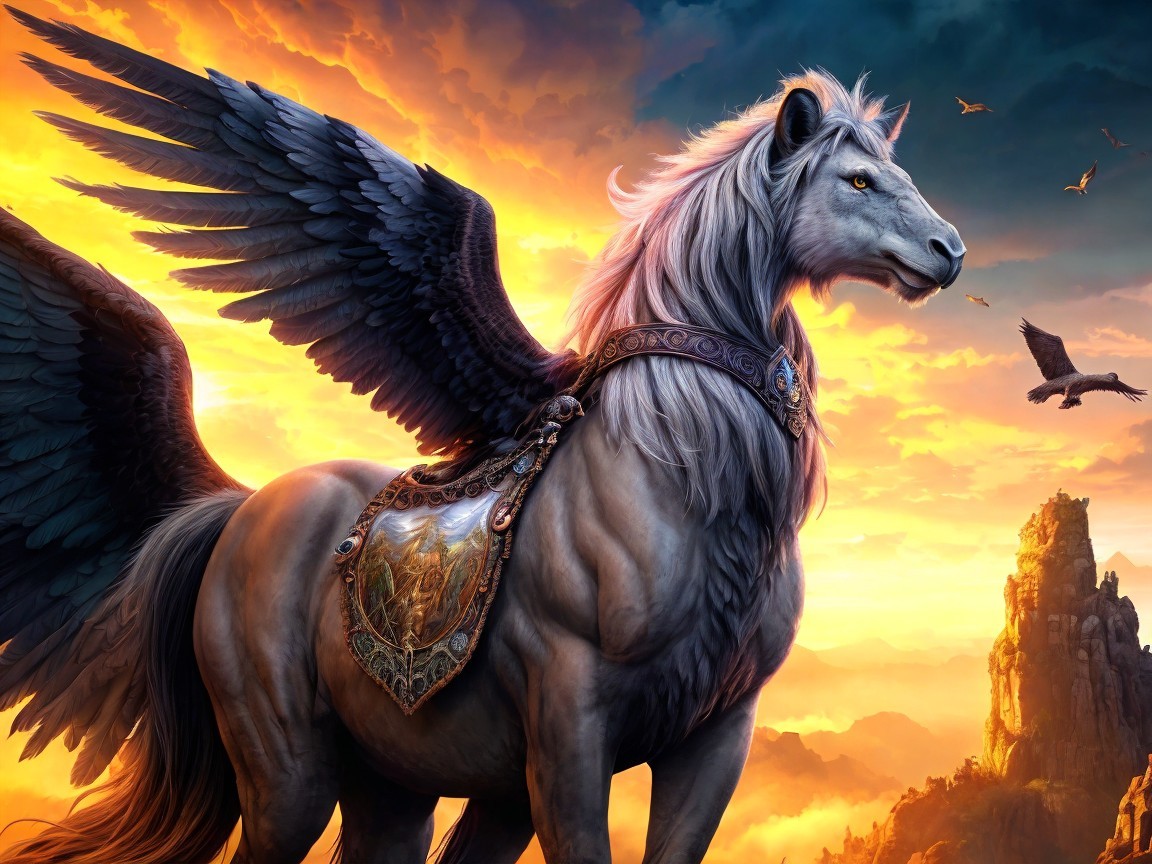 Majestic winged horse against a vibrant sunset sky