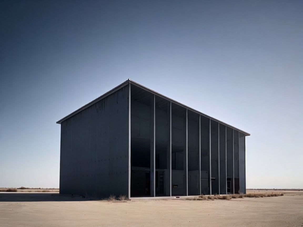 Minimalist Structure in Arid Landscape with Metallic Facade