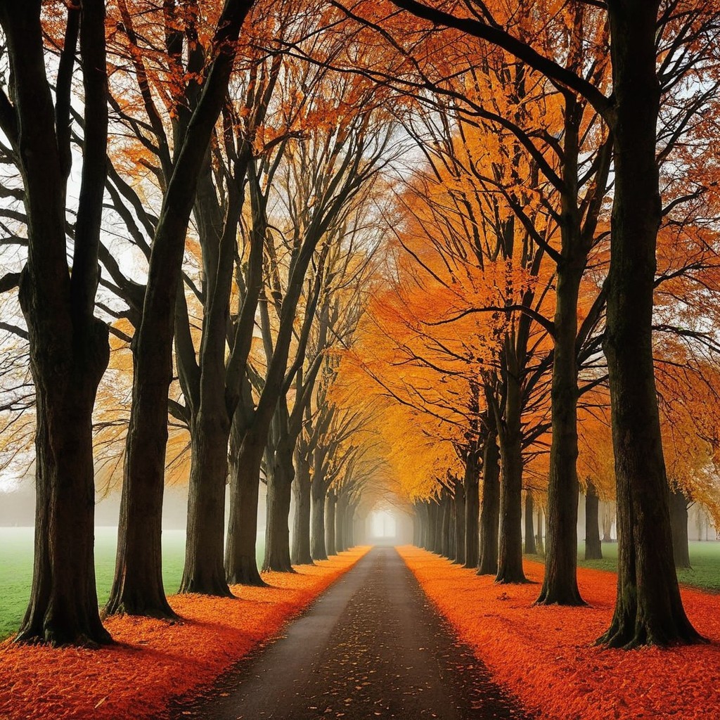 Autumn Pathway with Colorful Leaves and Fog
