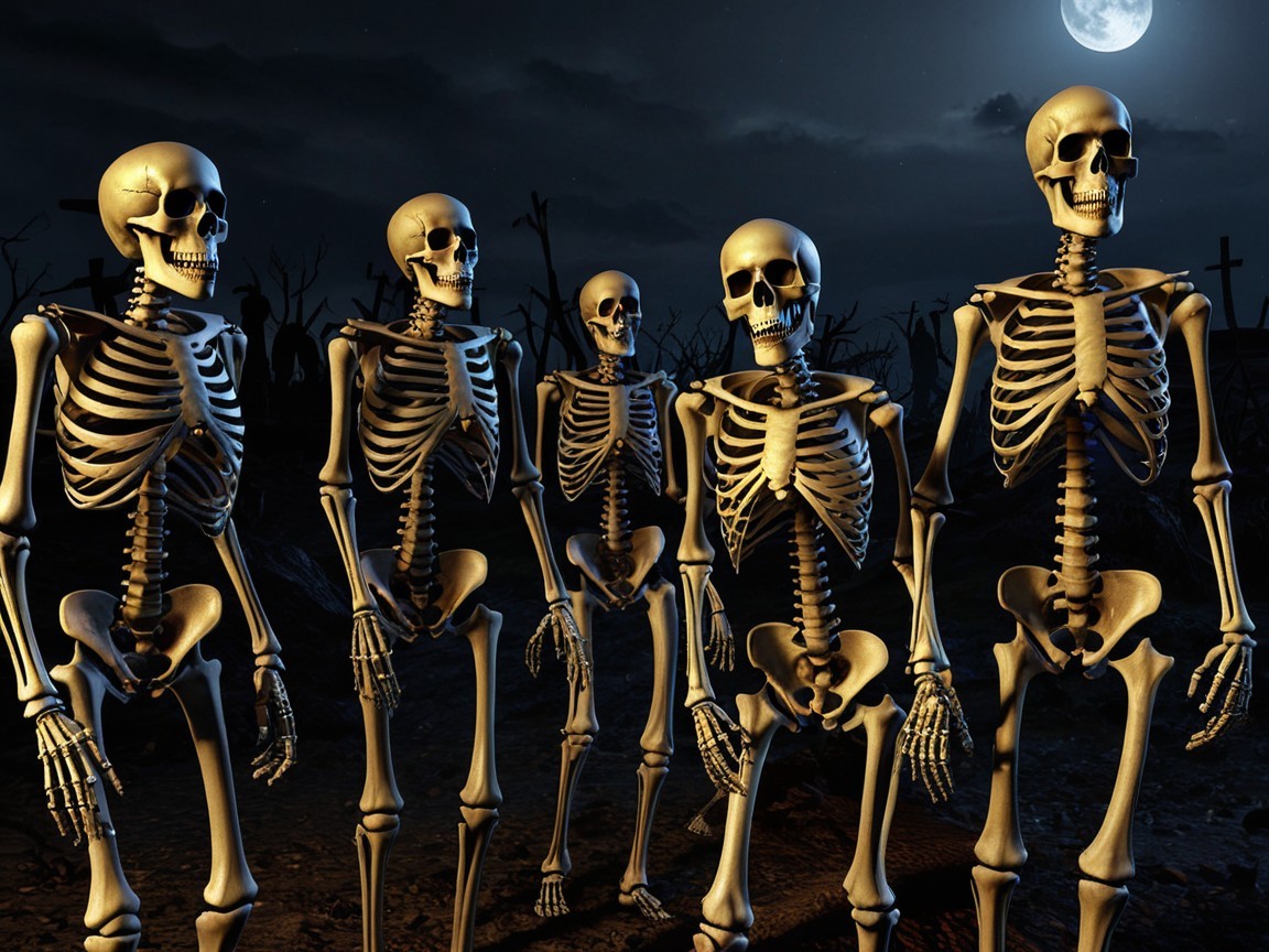 Lifelike skeletons in a moonlit graveyard scene