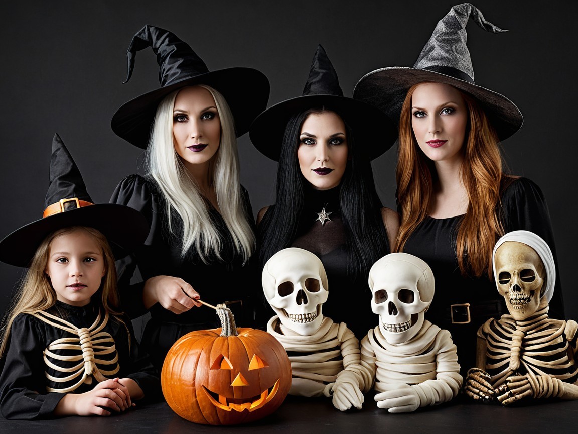 Group of Women in Black with Halloween Decorations