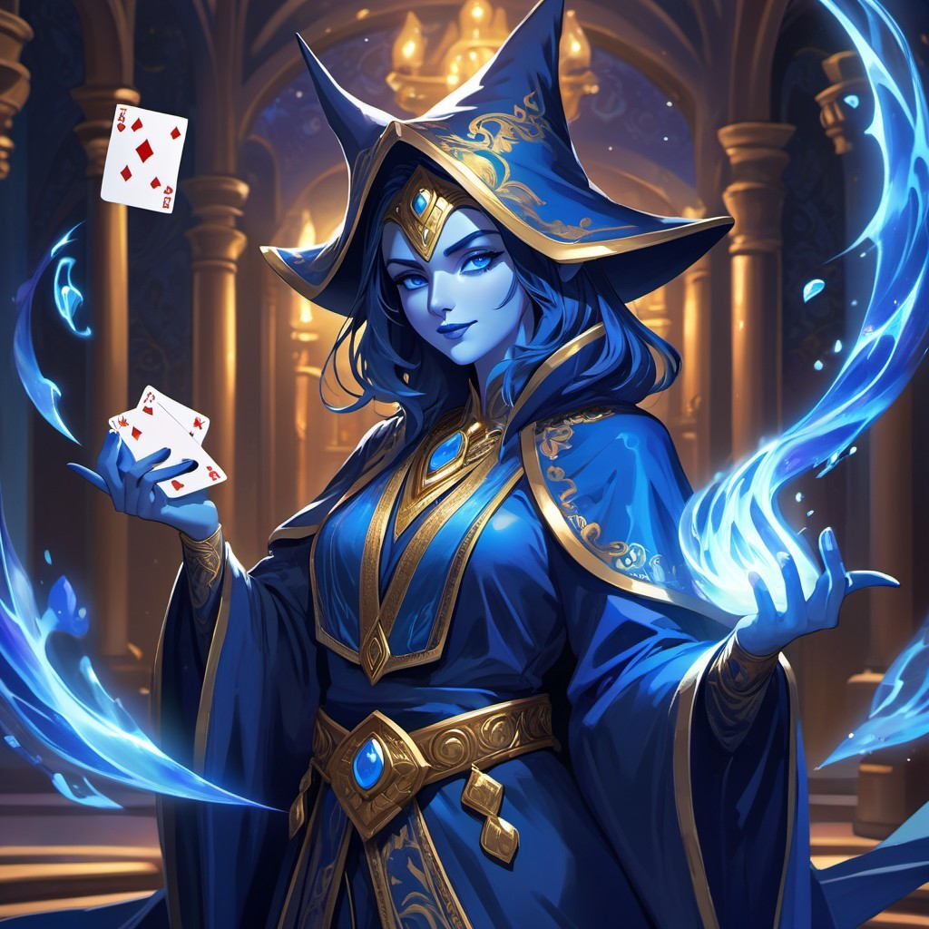 Mystical Sorceress in Blue Robe Conjuring Magic