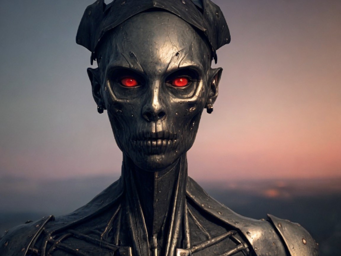 Humanoid Robot Against Twilight Sky with Red Eyes