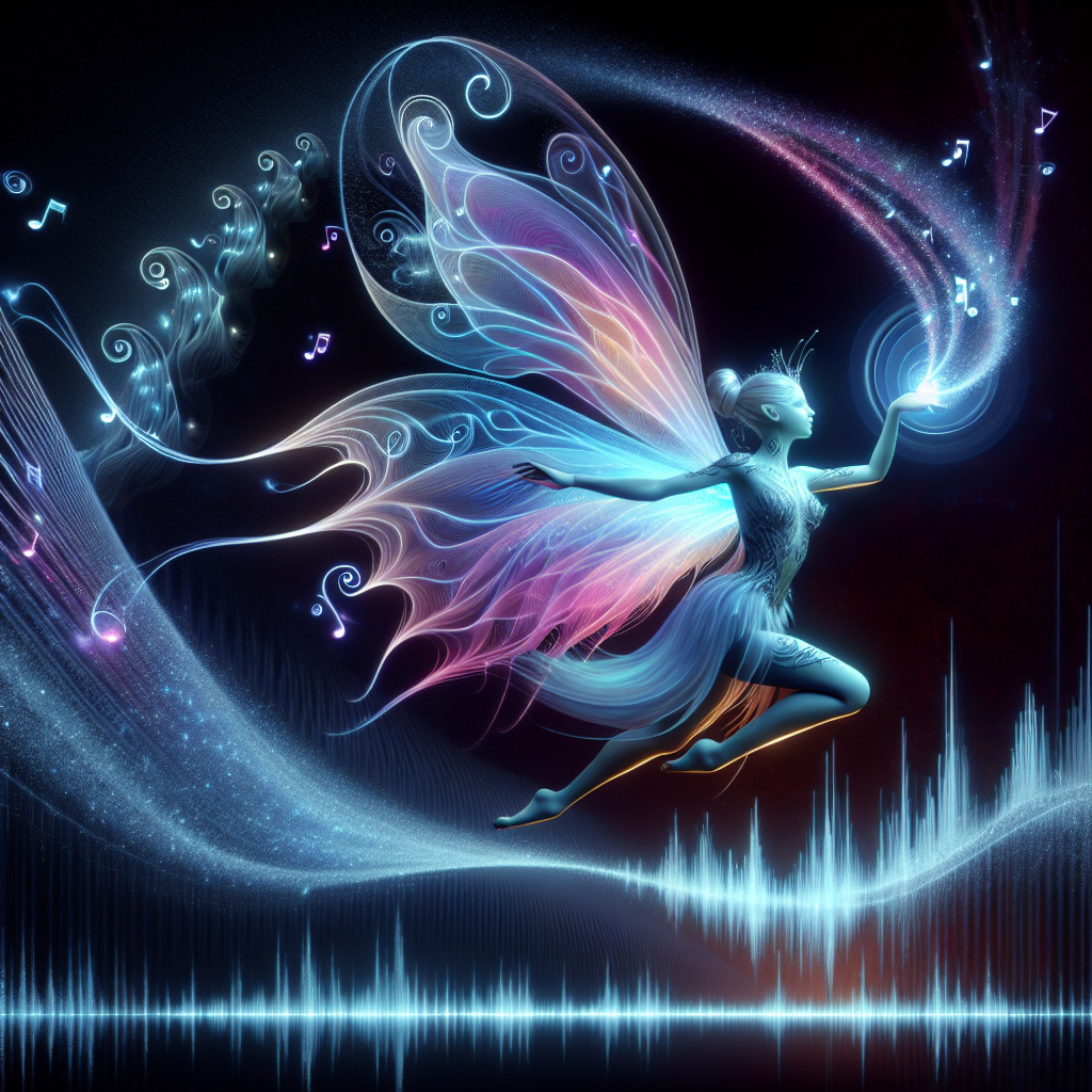 Ethereal Fairy Dancing Among Musical Notes and Waves