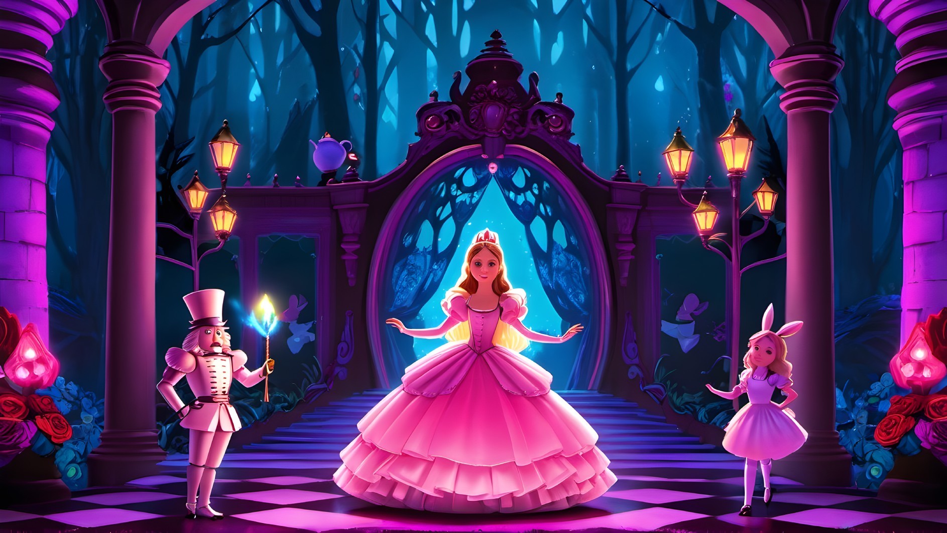 Princess in Pink Gown Surrounded by Enchanted Forest