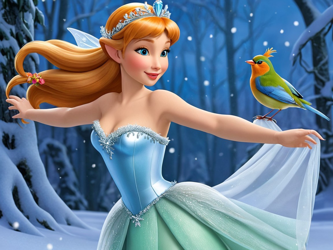 Whimsical Fairy in Light Blue Gown in Winter Scene
