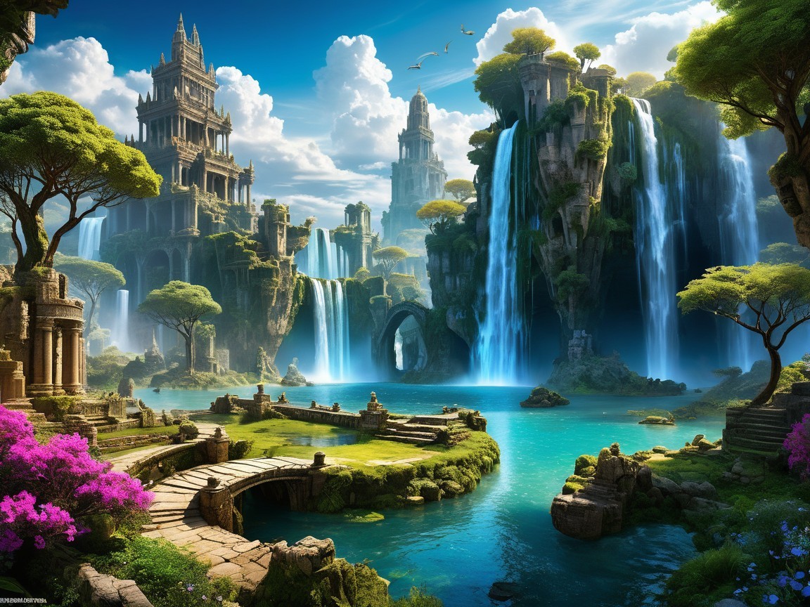 Breathtaking Landscape with Waterfalls and Ancient Structures