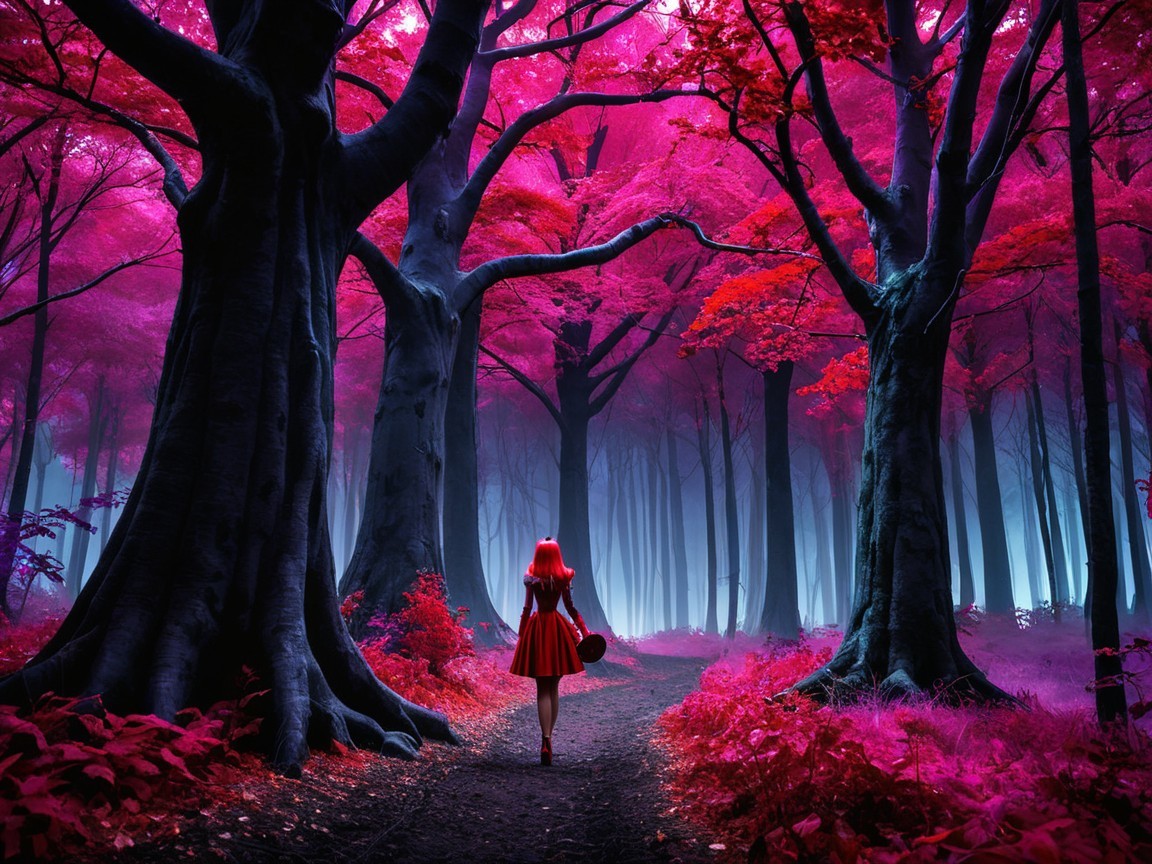 Surreal forest scene with a figure in a red dress