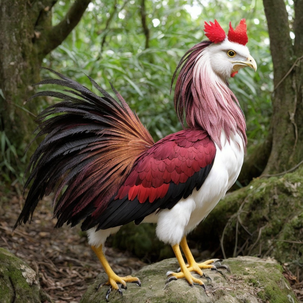 Fantasy Rooster with Colorful Feathers in Forest Setting