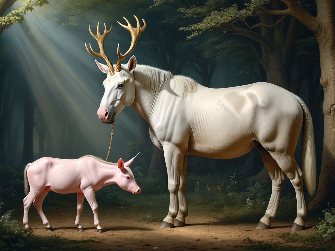 Majestic White Horse and Pink Unicorn in Forest